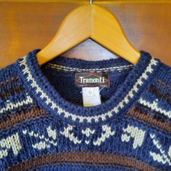 Tramonti Made in Italy wool blend Nordic fair isle chunky knit crewneck sweater - Picture 4 of 10